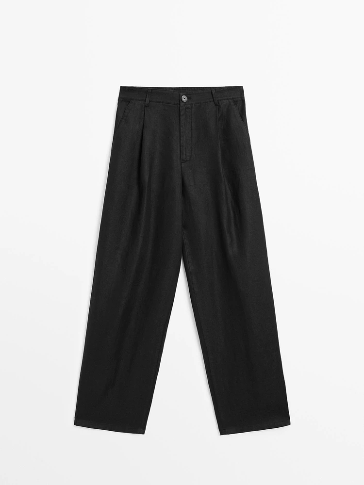 100% linen wide-leg mid-rise trousers