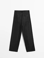 100% linen wide-leg mid-rise trousers