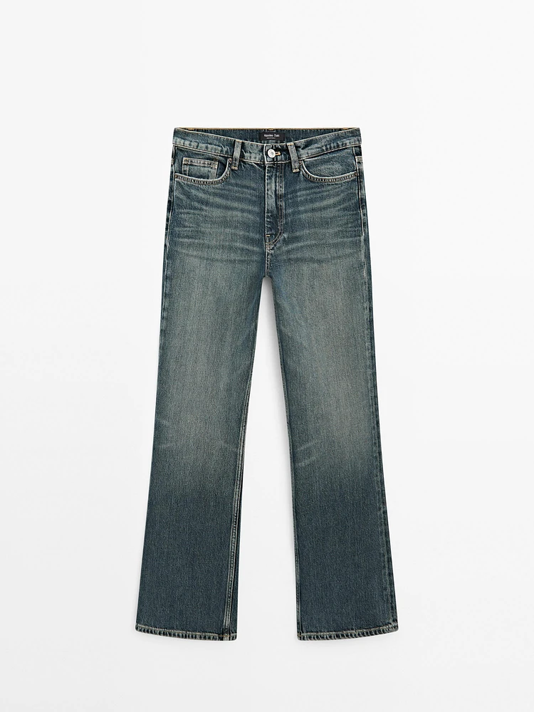 High-waist boot-cut cotton blend jeans