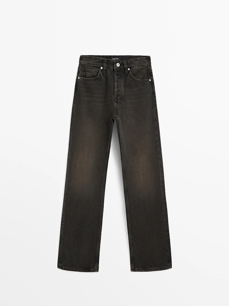 High-waist straight-leg cotton blend jeans