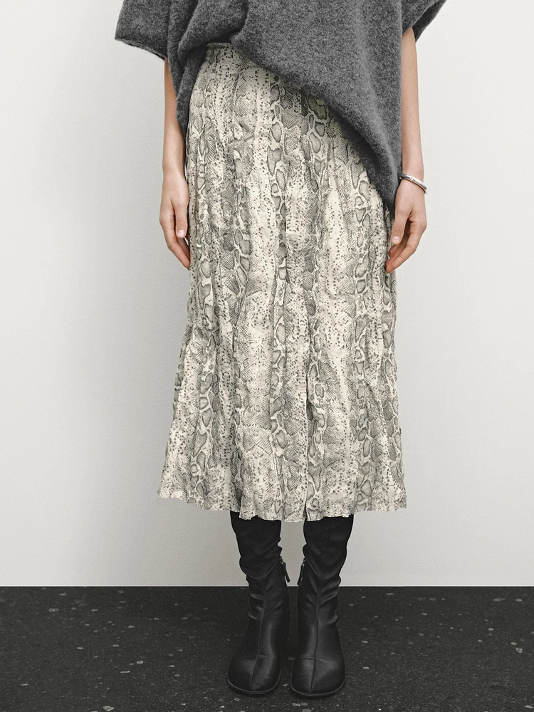 Snakeskin print wool blend midi skirt