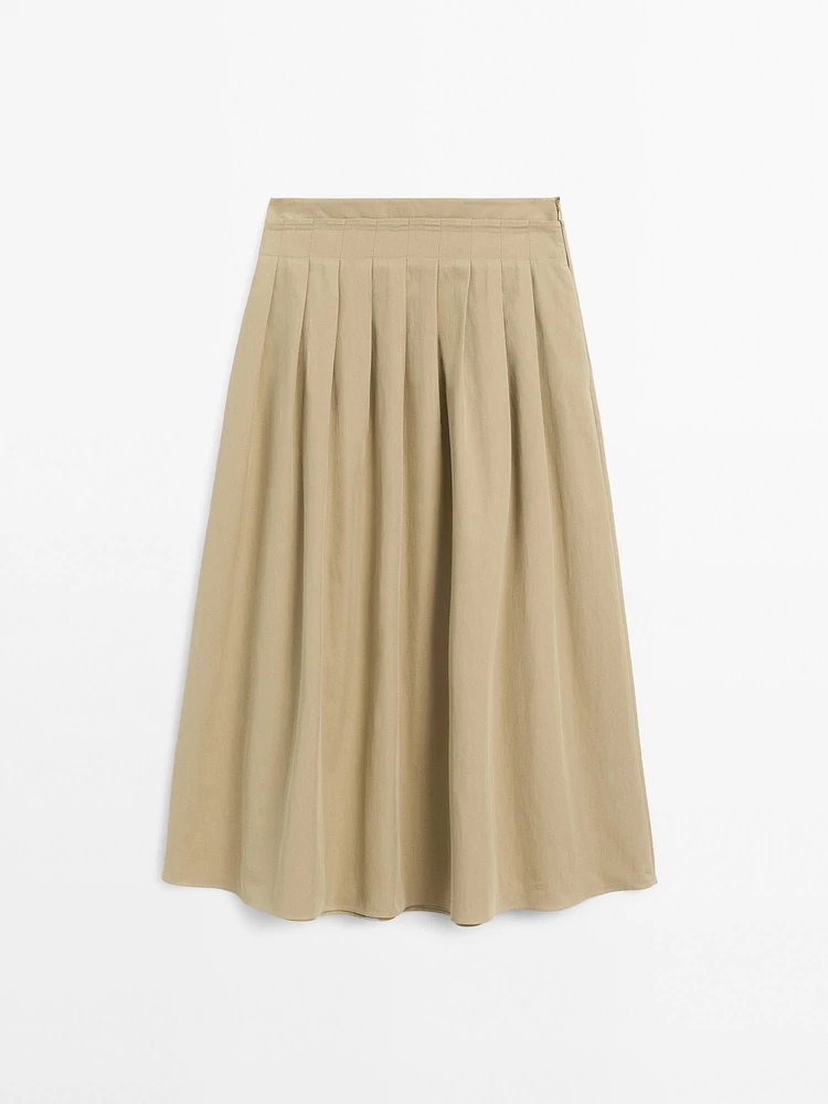 Cotton blend box pleat midi skirt