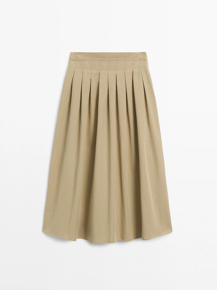 Cotton blend box pleat midi skirt