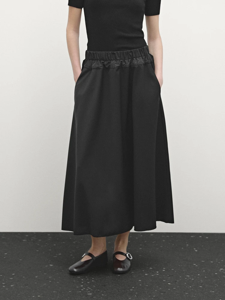 Wool blend technical fabric elasticated skirt