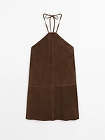 Suede leather halter mini dress