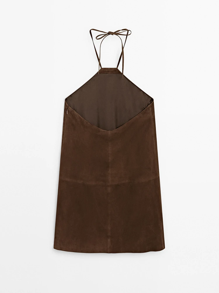 Suede leather halter mini dress