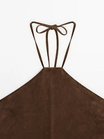 Suede leather halter mini dress