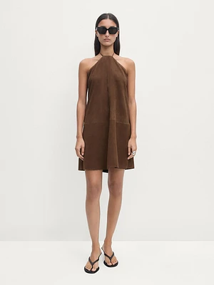 Suede leather halter mini dress