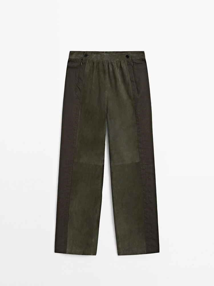 Suede leather trousers with linen detail