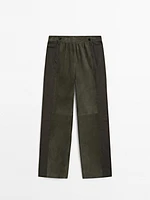 Suede leather trousers with linen detail