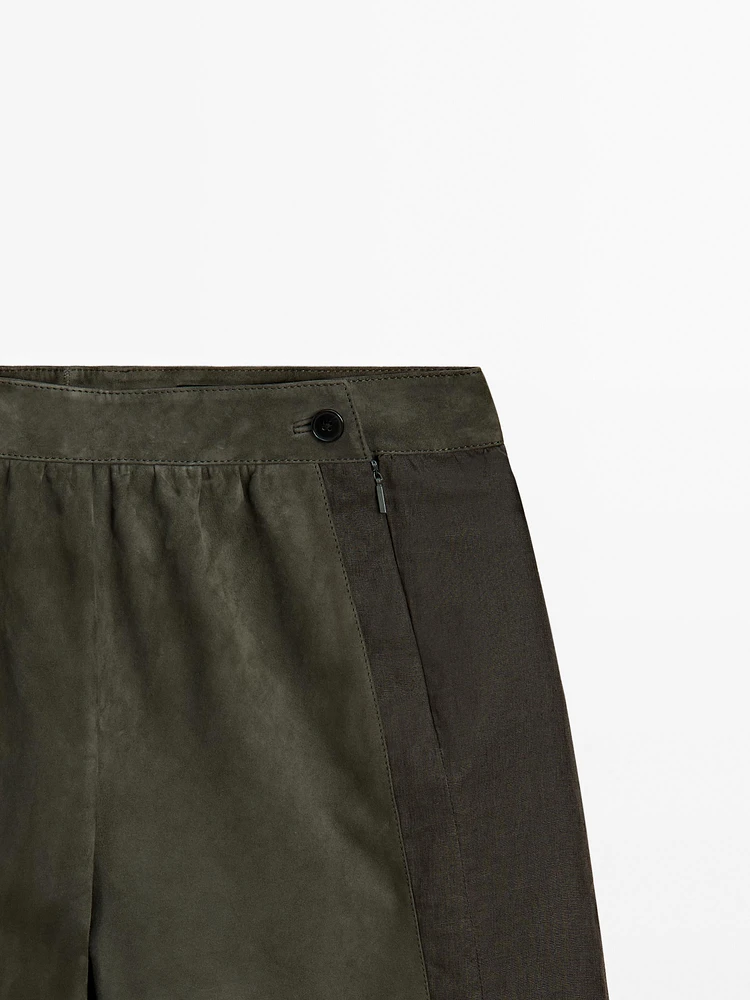 Suede leather trousers with linen detail