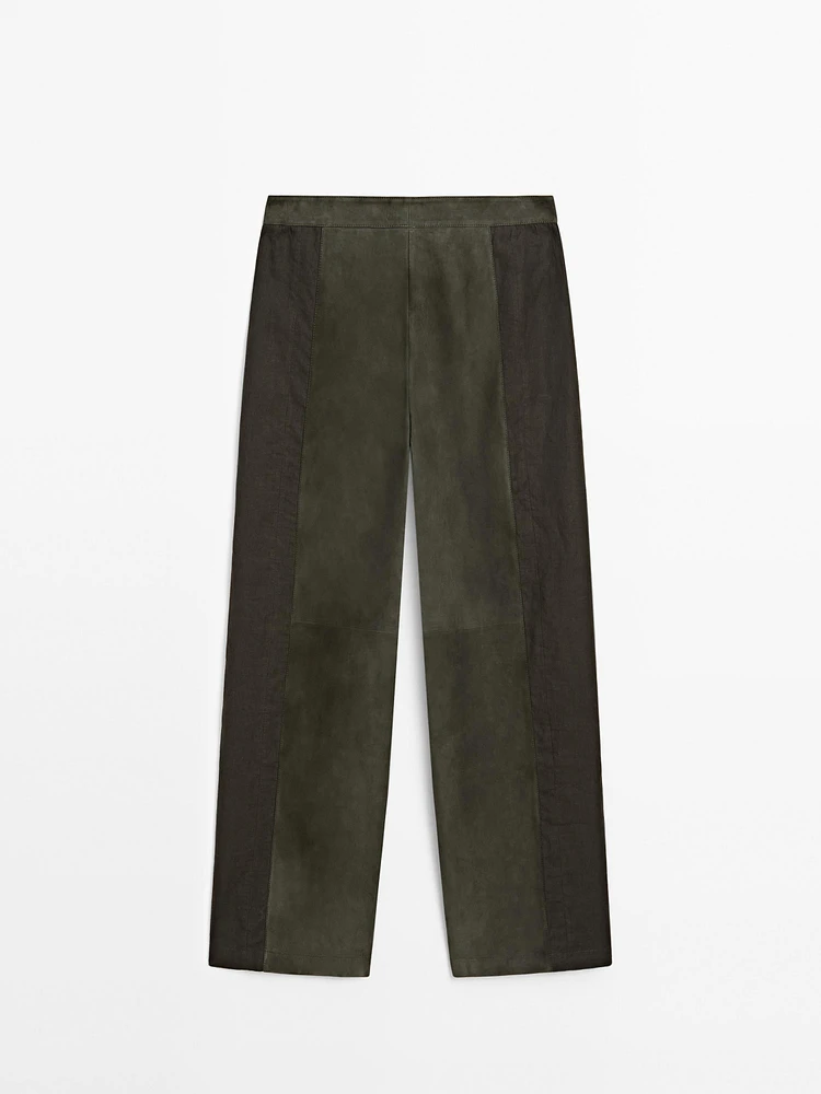 Suede leather trousers with linen detail