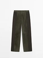 Suede leather trousers with linen detail