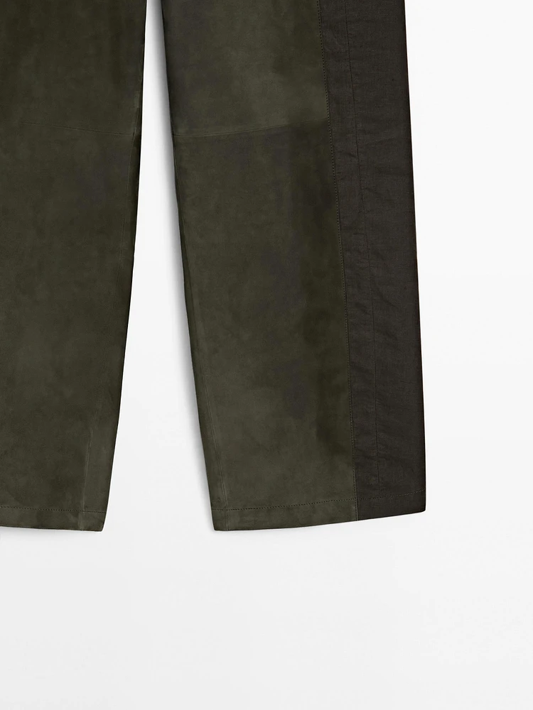 Suede leather trousers with linen detail