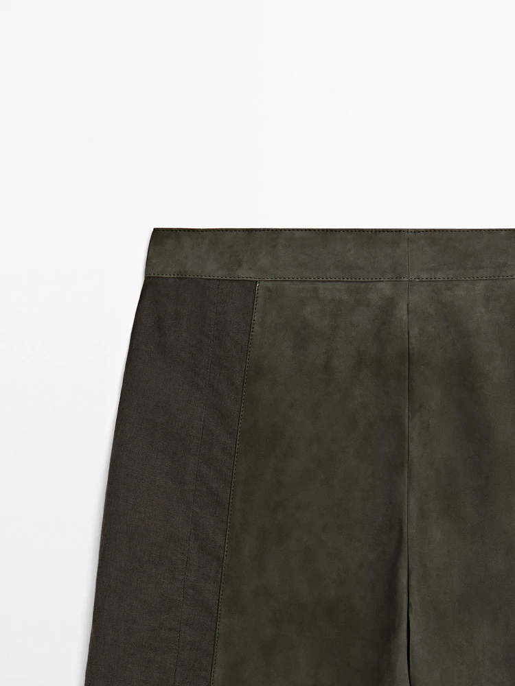 Suede leather trousers with linen detail