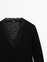 Wool knit sweater with lace trim detail