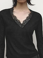 Wool knit sweater with lace trim detail