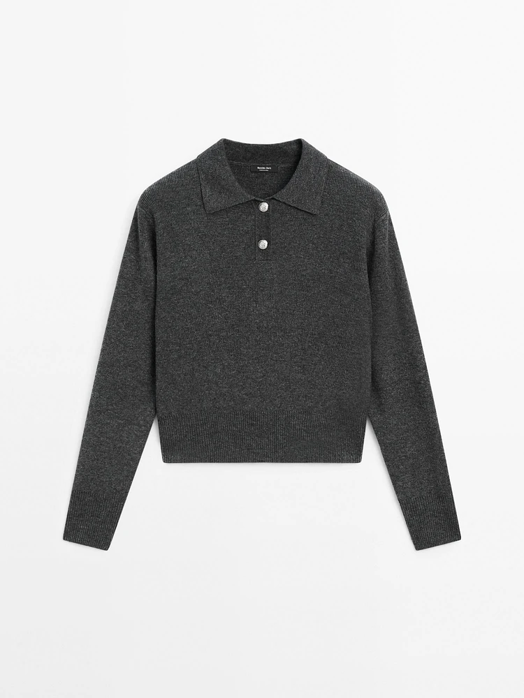 Wool blend knit sweater with polo collar