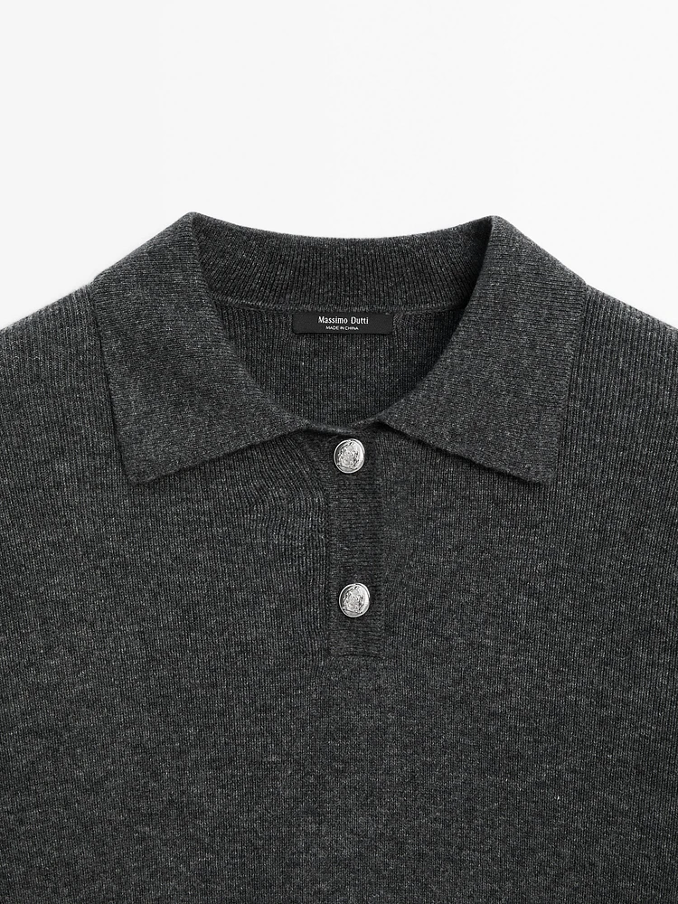 Wool blend knit sweater with polo collar