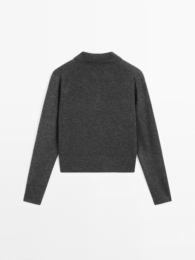 Wool blend knit sweater with polo collar