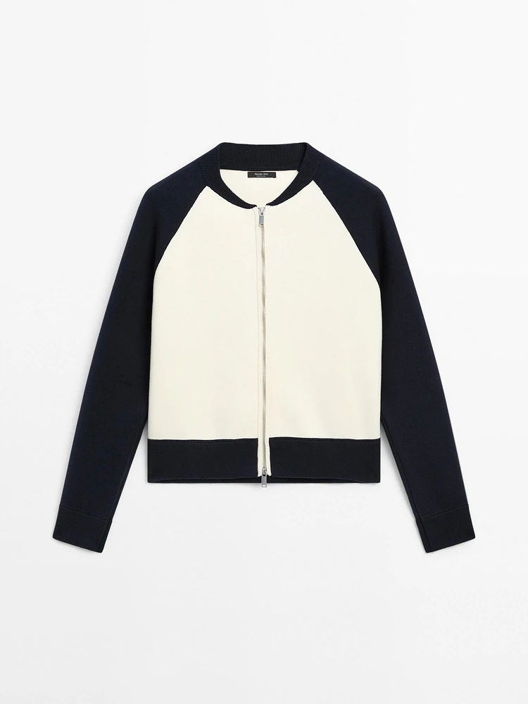 Contrast cotton blend bomber cardigan