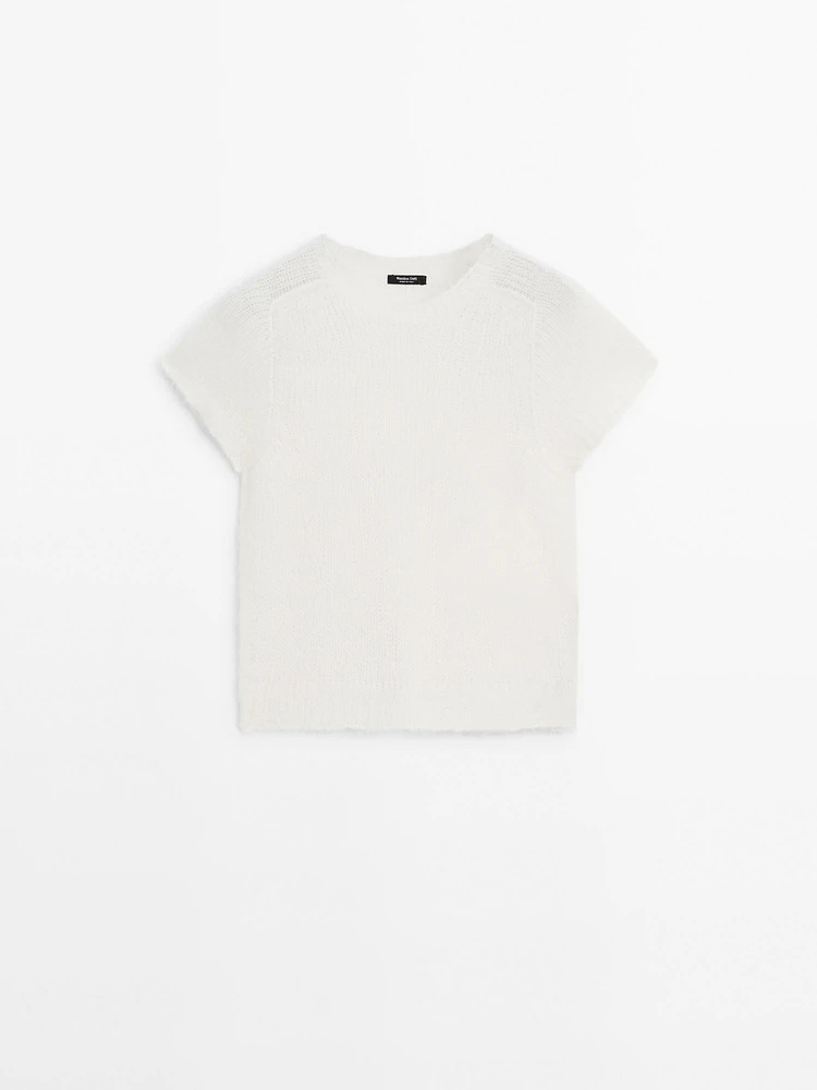 Short sleeve knit alpaca blend sweater