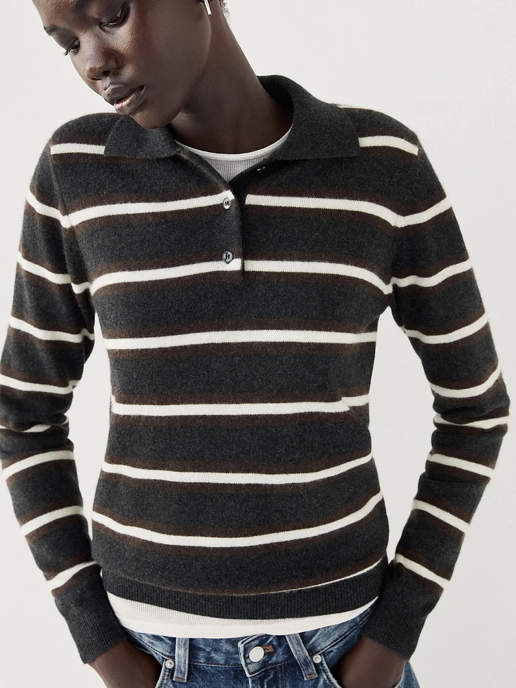 100% cashmere striped knit polo sweater