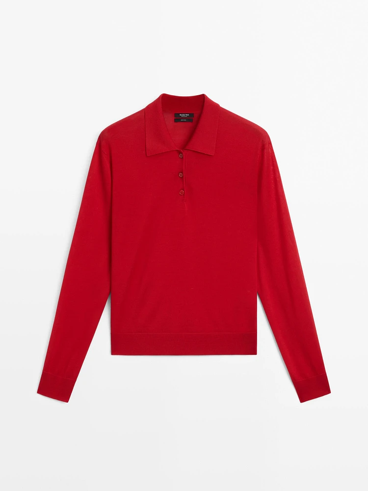 100% wool polo collar sweater with buttons