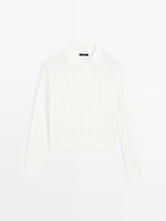 Cotton blend knit polo collar sweater