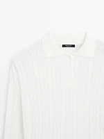 Cotton blend knit polo collar sweater