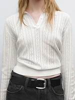 Cotton blend knit polo collar sweater