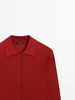 Pull en maille côtelée à col polo et boutons