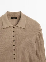 Ribbed knit sweater with polo collar and buttons