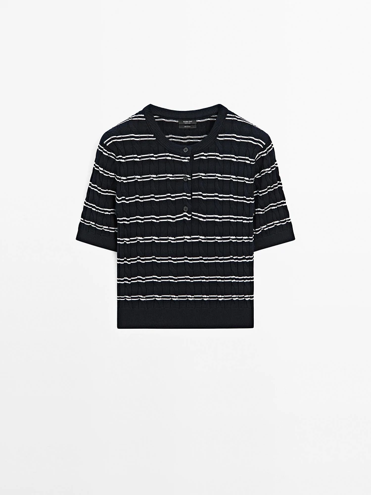 Striped short sleeve cotton sweater