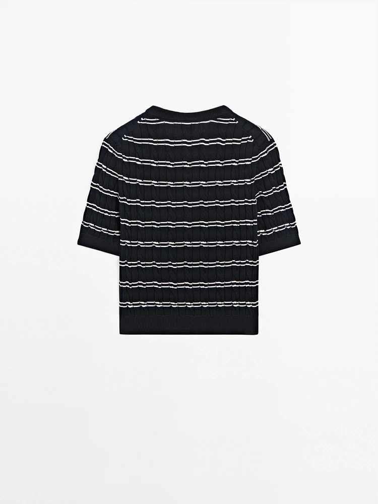 Striped short sleeve cotton sweater