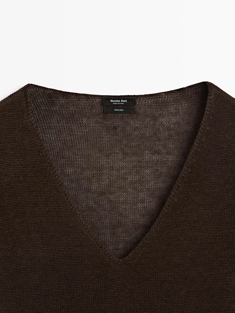 100% linen knit V-neck sweater