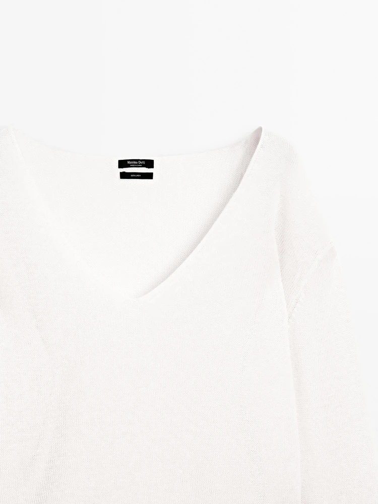100% linen knit V-neck sweater