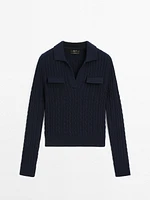 Cotton polo collar cable-knit sweater