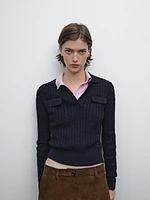 Cotton polo collar cable-knit sweater