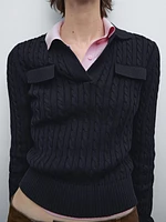 Cotton polo collar cable-knit sweater