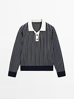 Striped knit sweater with polo collar