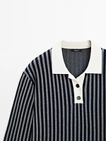 Striped knit sweater with polo collar