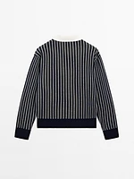 Striped knit sweater with polo collar