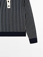 Striped knit sweater with polo collar