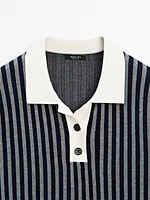 Striped knit sweater with polo collar