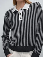 Striped knit sweater with polo collar