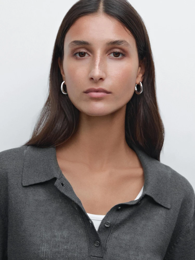 Linen blend cutwork polo sweater
