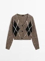 Cropped cotton argyle knit cardigan