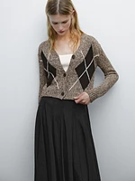 Cropped cotton argyle knit cardigan