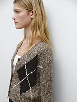 Cropped cotton argyle knit cardigan